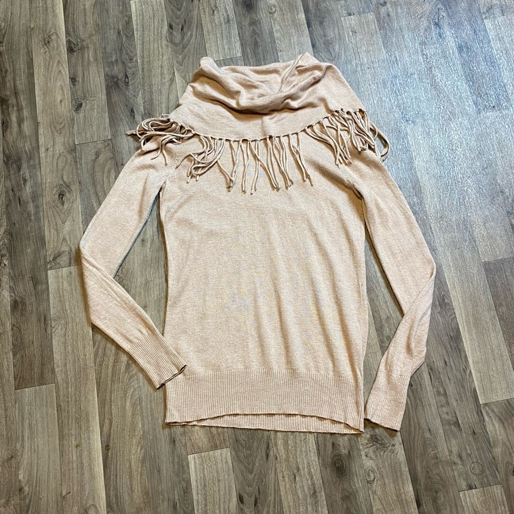 Chelsea & Theodore Tan Cowl Neck Fringe Knit Sweater Size Small